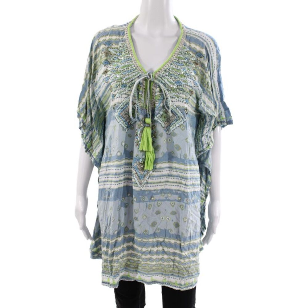 Skemo Womens Bohemian Striped V-Neck Tunic Blouse Blue Tie 3/4 Sleeve Size L